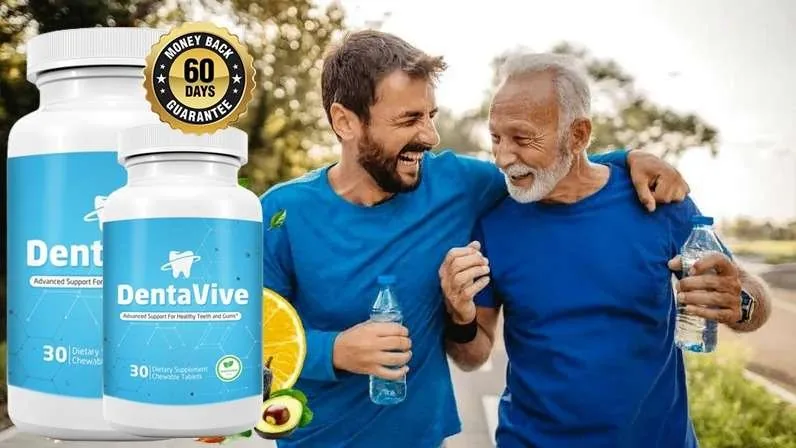 Two happy men outdoors next to DentaVive bottles with a 60-day money-back guarantee seal